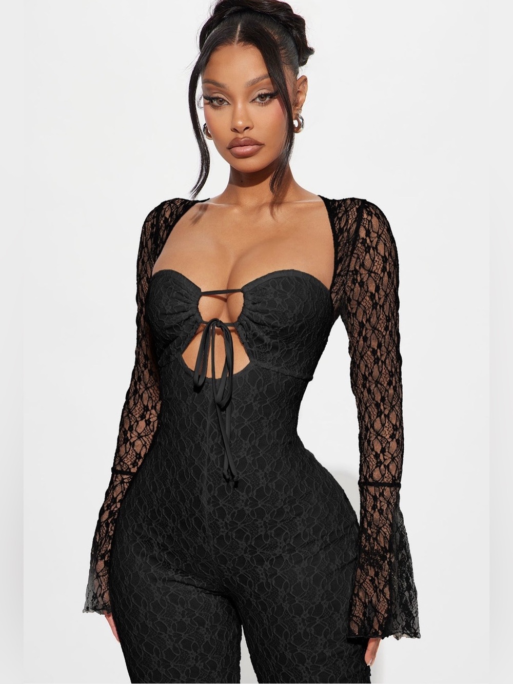 ✨ NEW ✨ Black Lace Long-Sleeve Jumpsuit with Front Tie Size Medium ✨ - Picture 3 of 5